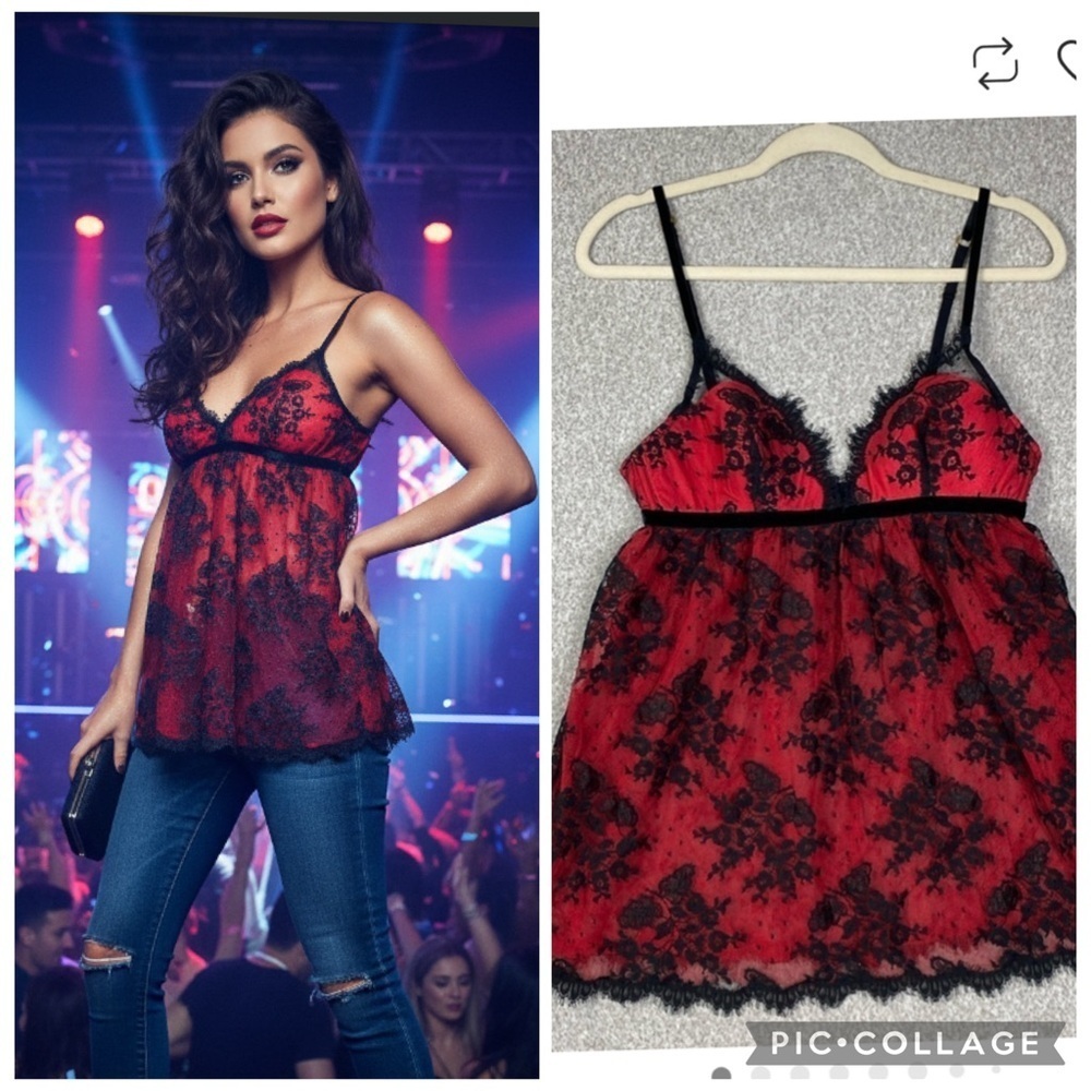 Victoria’s Secret babydoll nightie lingerie black lace & red tool lining M NWT